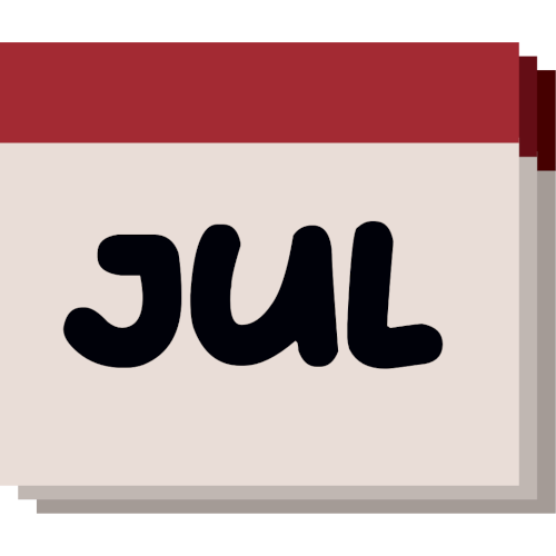 A simple, stylized representation of a calendar page. The main section of the calendar is a light gray square with the letters 'JUL' printed in large, bold, black font, indicating the month of July. Above this, there is a horizontal maroon header. Behind the front page, there are two additional pages slightly offset to the right and down.